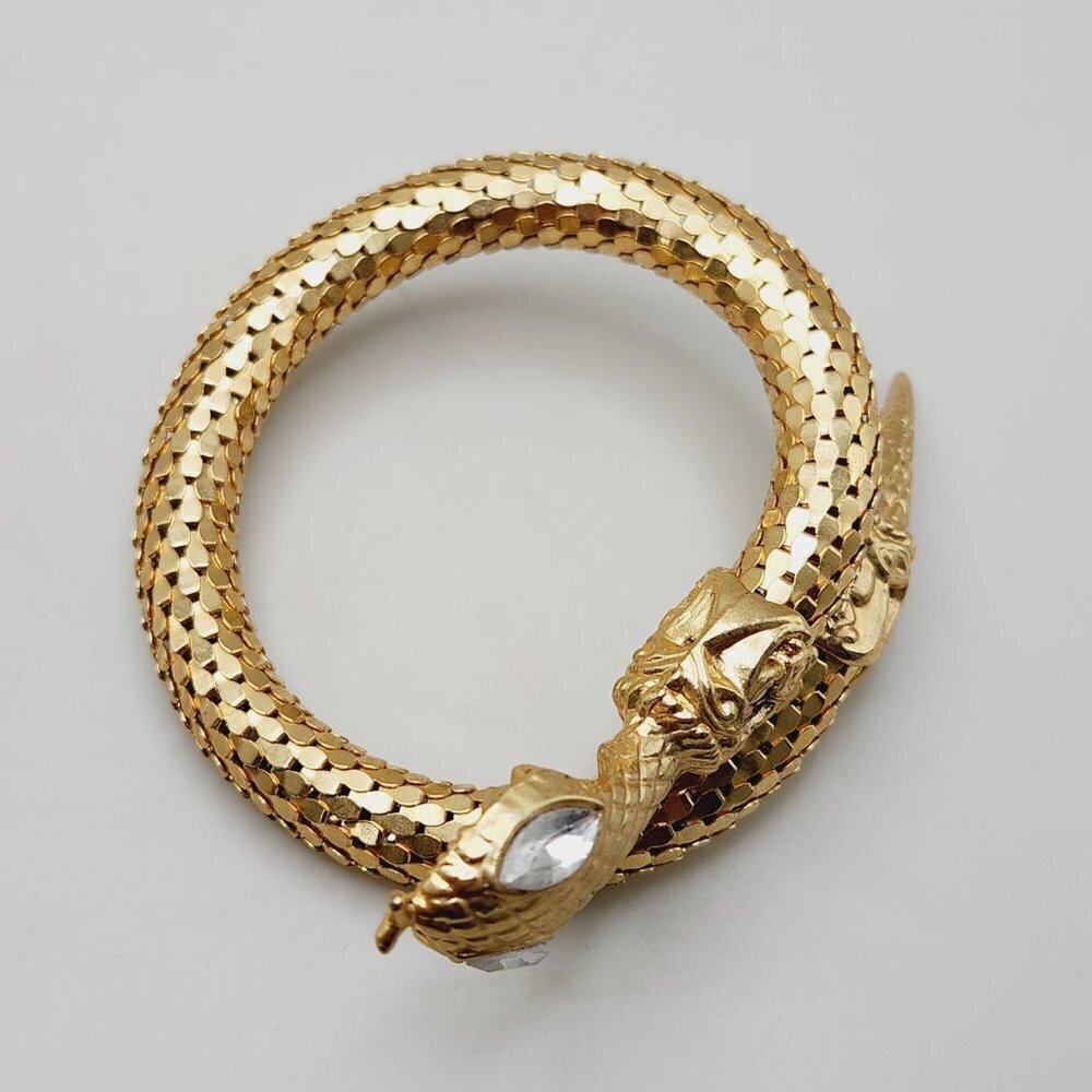 Vintage 60's Gold Tone Coil Wrap Snake Mesh Scales Clear Eyed Reptile Bracelet - Picture 4 of 6